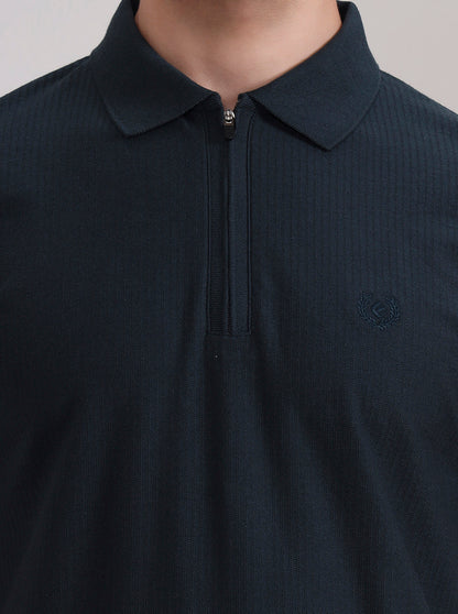 Teal Blue Striped Slim Fit Polo T-Shirt | Greenfibre