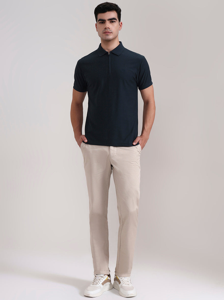 Teal Blue Striped Slim Fit Polo T-Shirt | Greenfibre