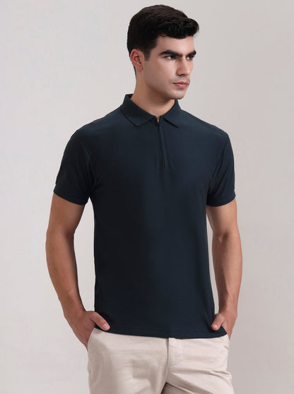 Teal Blue Striped Slim Fit Polo T-Shirt | Greenfibre