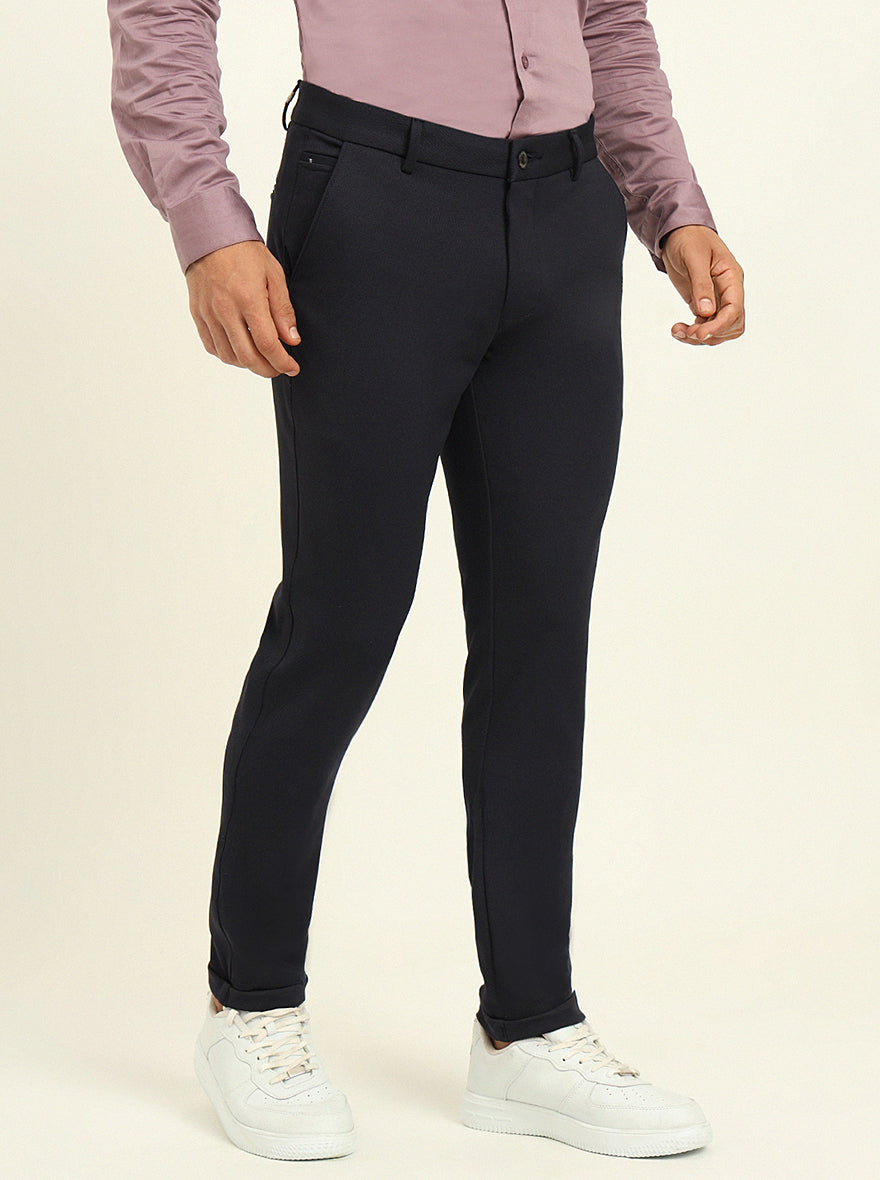 Navy Blue Solid Venice Fit Casual Trouser | JadeBlue