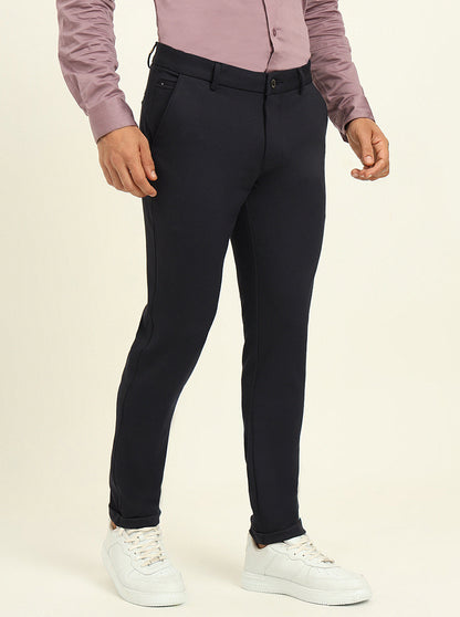 Navy Blue Solid Venice Fit Casual Trouser | JadeBlue