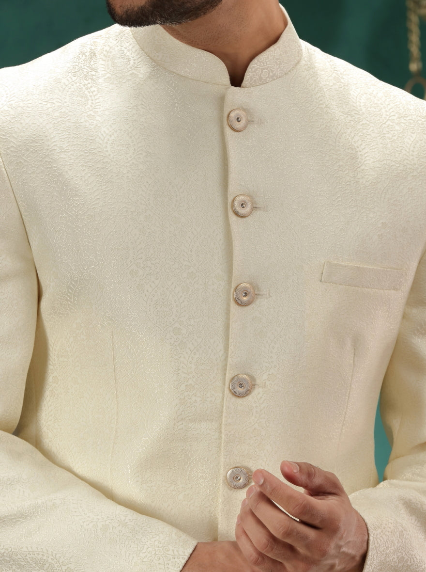 Cream Self Design Jodhpuri Suit | JadeBlue