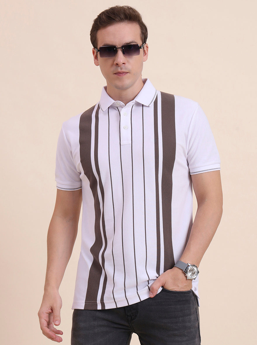 White & Brown Striped Slim Fit Polo T-Shirt | JadeBlue