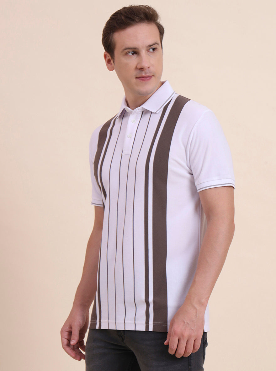 White & Brown Striped Slim Fit Polo T-Shirt | JadeBlue