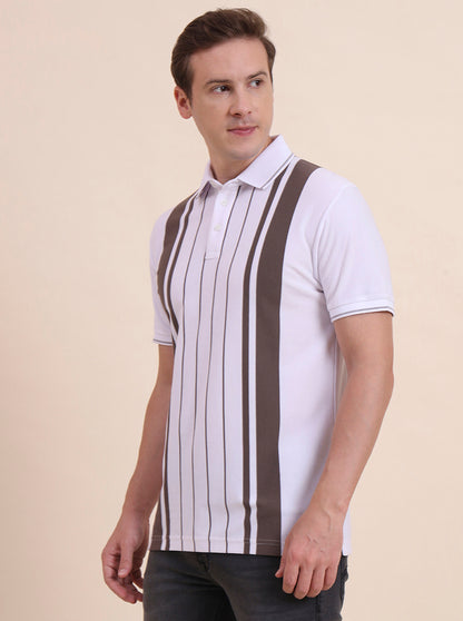 White & Brown Striped Slim Fit Polo T-Shirt | JadeBlue