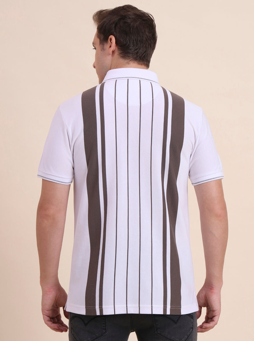 White & Brown Striped Slim Fit Polo T-Shirt | JadeBlue