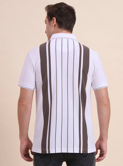 White & Brown Striped Slim Fit Polo T-Shirt | JadeBlue
