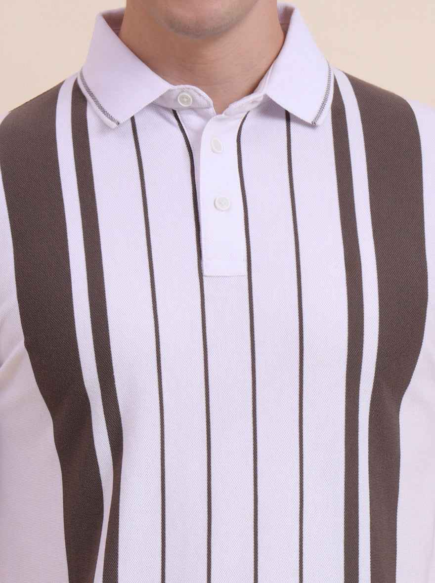 White & Brown Striped Slim Fit Polo T-Shirt | JadeBlue