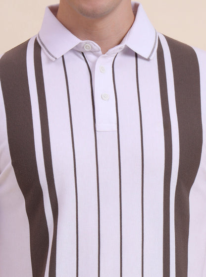 White & Brown Striped Slim Fit Polo T-Shirt | JadeBlue