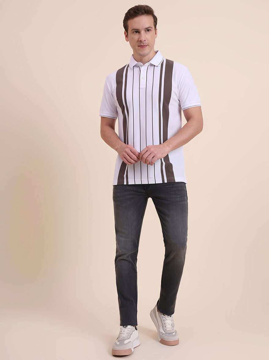 White & Brown Striped Slim Fit Polo T-Shirt | JadeBlue