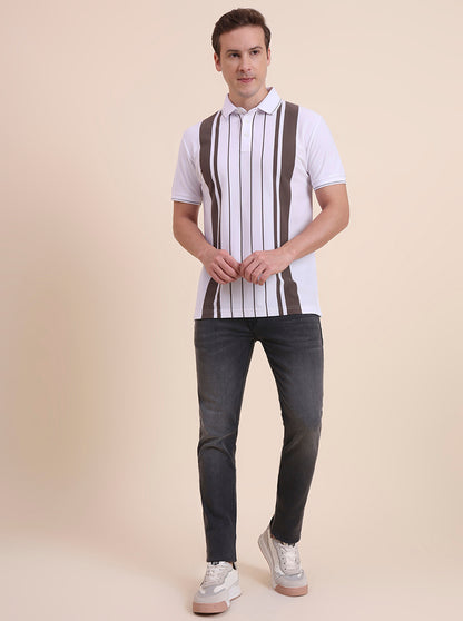 White & Brown Striped Slim Fit Polo T-Shirt | JadeBlue
