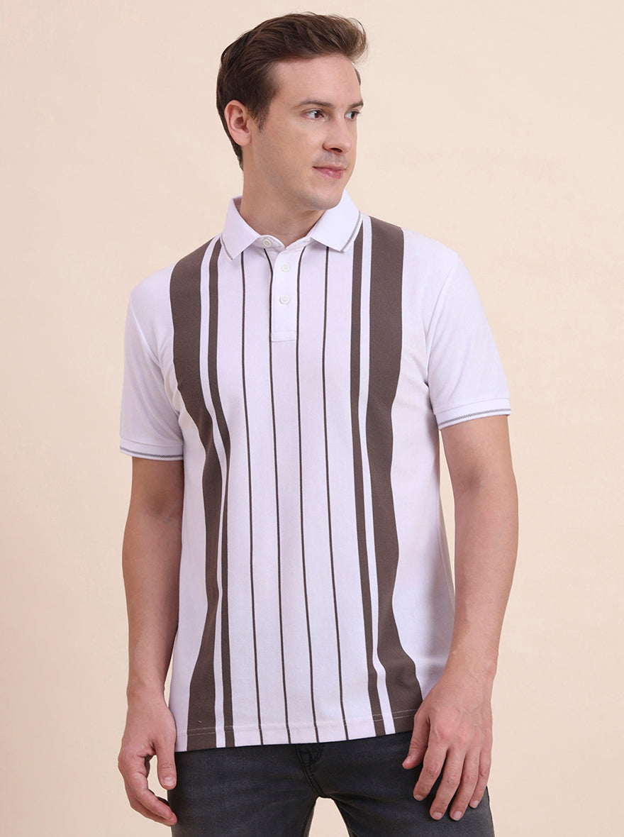 White & Brown Striped Slim Fit Polo T-Shirt | JadeBlue