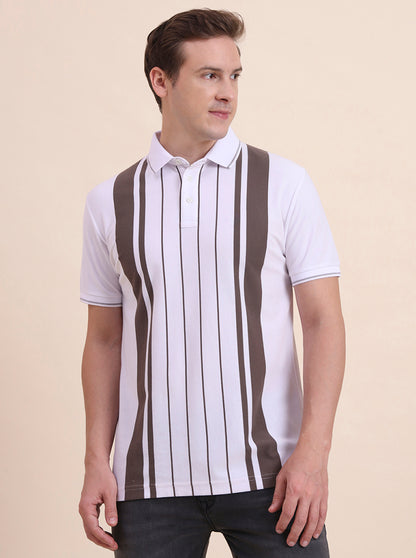 White & Brown Striped Slim Fit Polo T-Shirt | JadeBlue