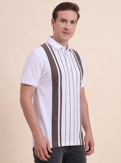 White & Brown Striped Slim Fit Polo T-Shirt | JadeBlue