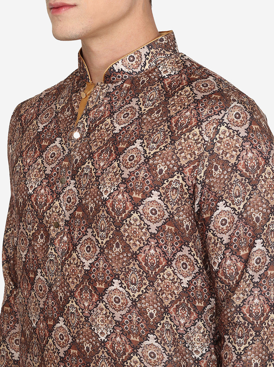 Brown Printed Cotton Blend Kurta | The Kurta Company