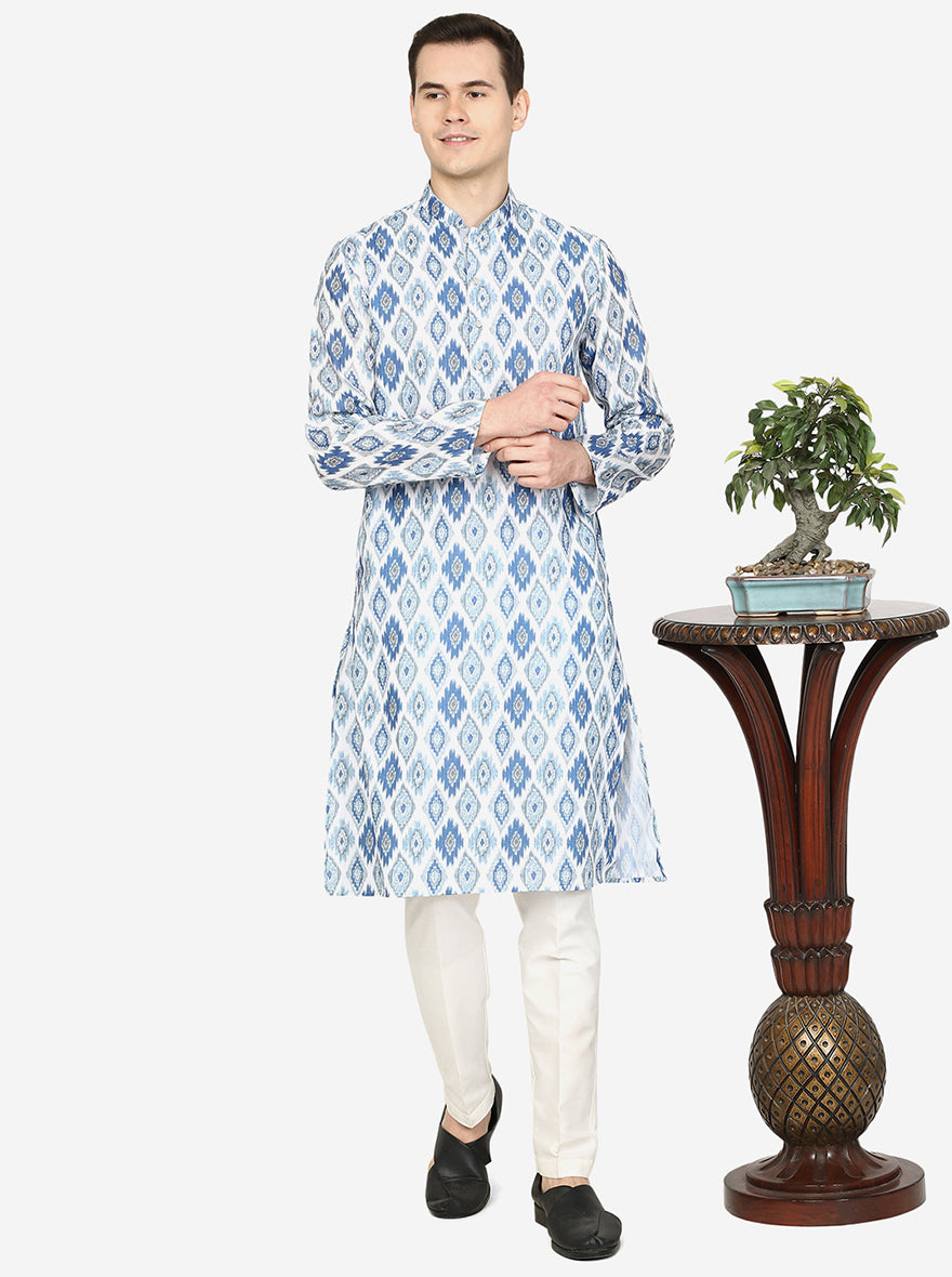 Baby Blue Printed Cotton Blend Kurta | The Kurta Company