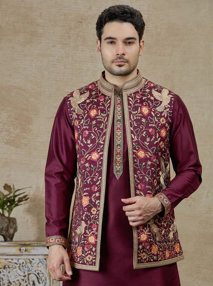 Wine Embroidered Kurta Pajama with Koti | Virasana