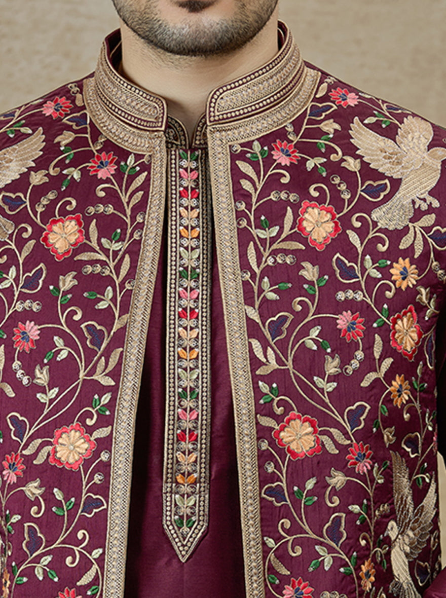 Wine Embroidered Kurta Pajama with Koti | Virasana