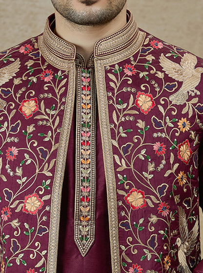 Wine Embroidered Kurta Pajama with Koti | Virasana