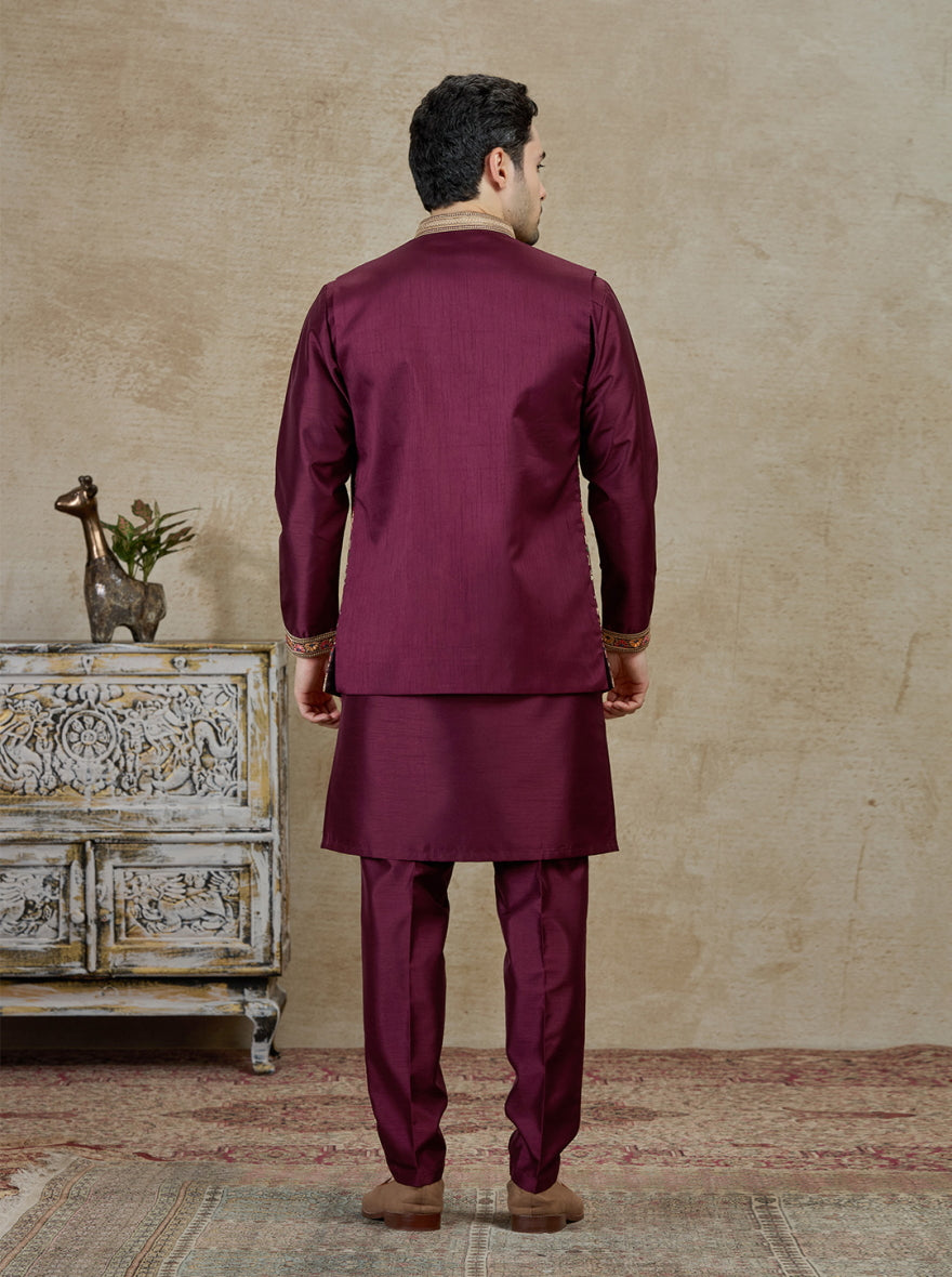 Wine Embroidered Kurta Pajama with Koti | Virasana