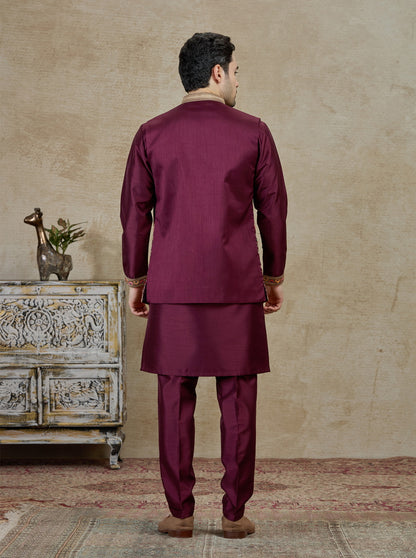 Wine Embroidered Kurta Pajama with Koti | Virasana