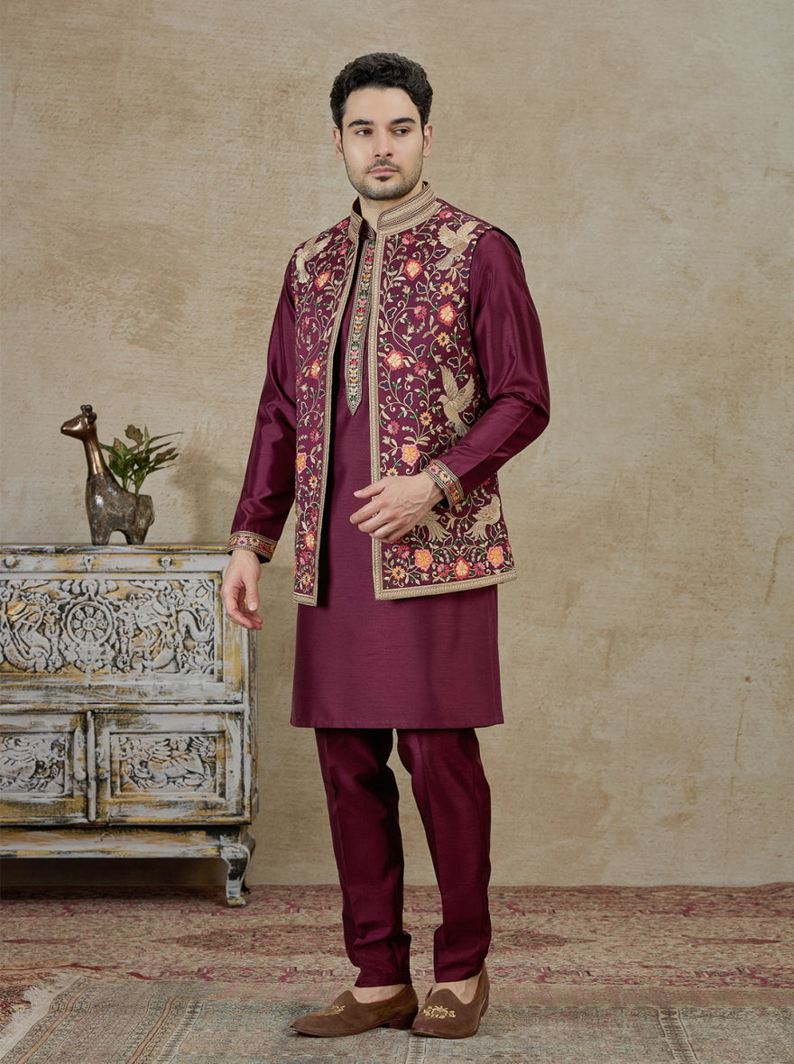 Wine Embroidered Kurta Pajama with Koti | Virasana