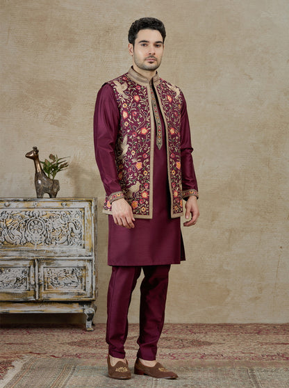 Wine Embroidered Kurta Pajama with Koti | Virasana