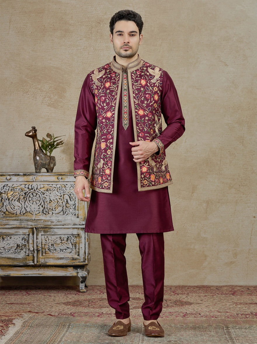 Wine Embroidered Kurta Pajama with Koti | Virasana