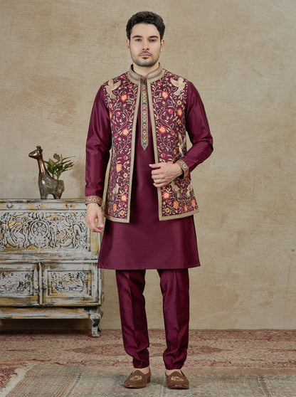 Wine Embroidered Kurta Pajama with Koti | Virasana