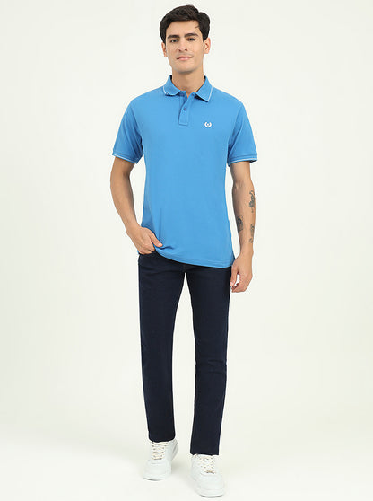 Sea Blue Solid Slim Fit Polo T-Shirt | Greenfibre