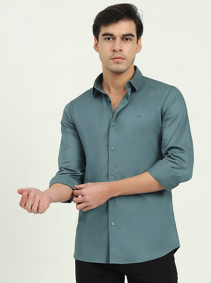 Saje Green Solid Slim Fit Casual Shirt | JadeBlue