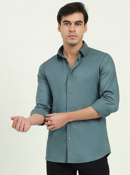Saje Green Solid Slim Fit Casual Shirt | JadeBlue
