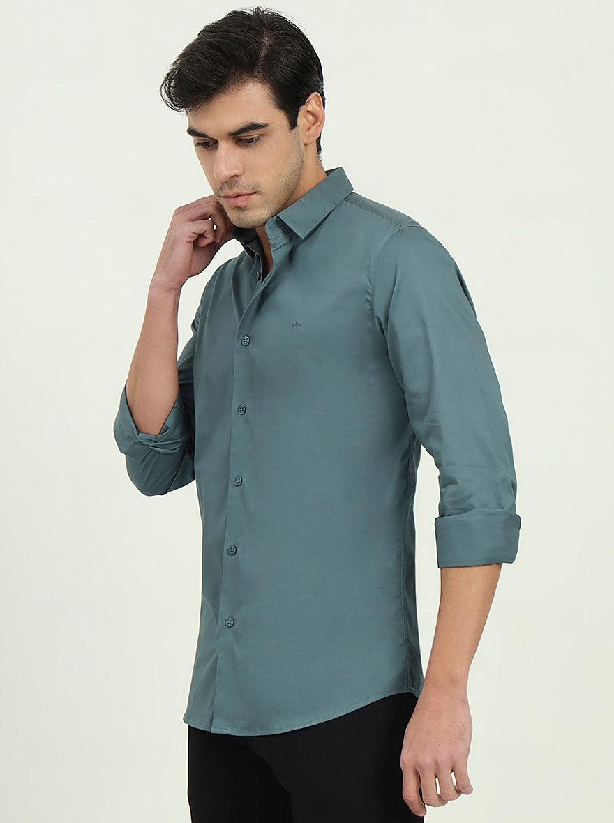 Saje Green Solid Slim Fit Casual Shirt | JadeBlue