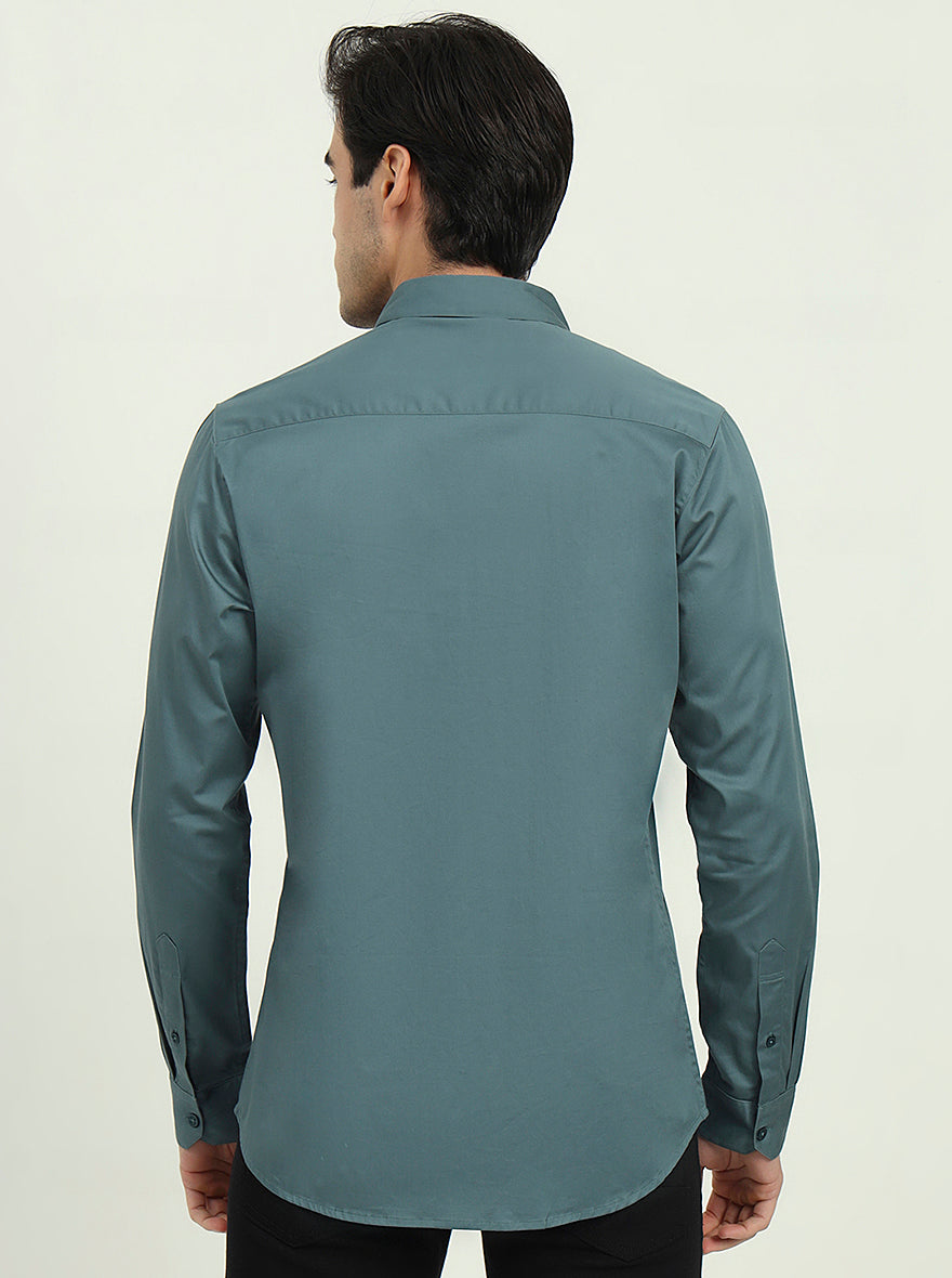 Saje Green Solid Slim Fit Casual Shirt | JadeBlue