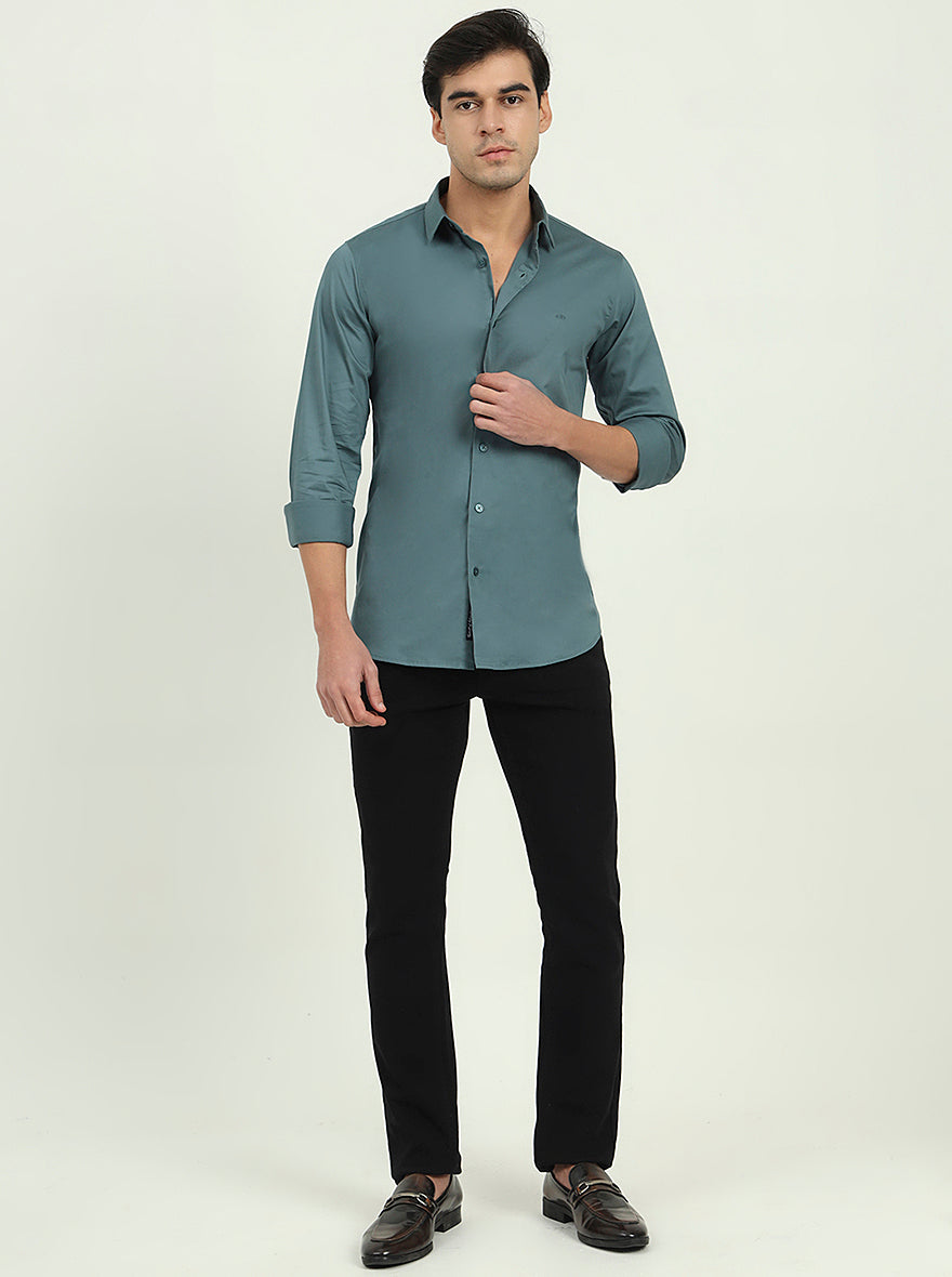 Saje Green Solid Slim Fit Casual Shirt | JadeBlue