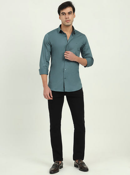 Saje Green Solid Slim Fit Casual Shirt | JadeBlue