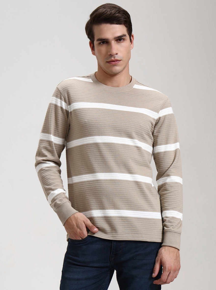 Beige & White Striped Slim Fit T-Shirt | JadeBlue