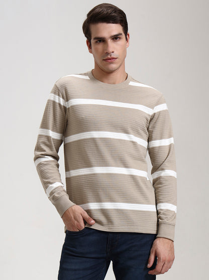 Beige & White Striped Slim Fit T-Shirt | JadeBlue