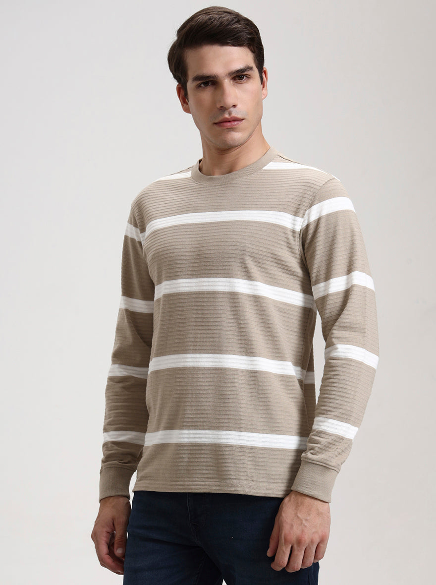 Beige & White Striped Slim Fit T-Shirt | JadeBlue
