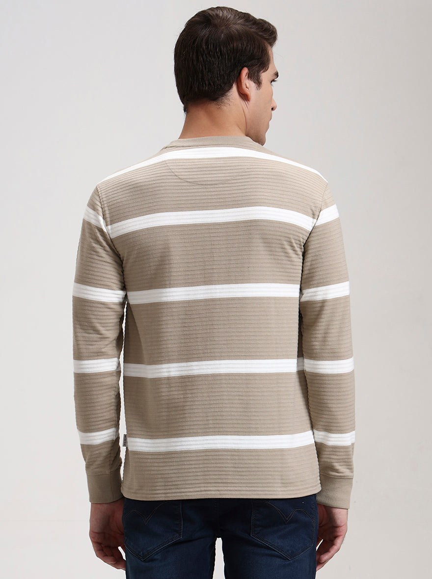 Beige & White Striped Slim Fit T-Shirt | JadeBlue