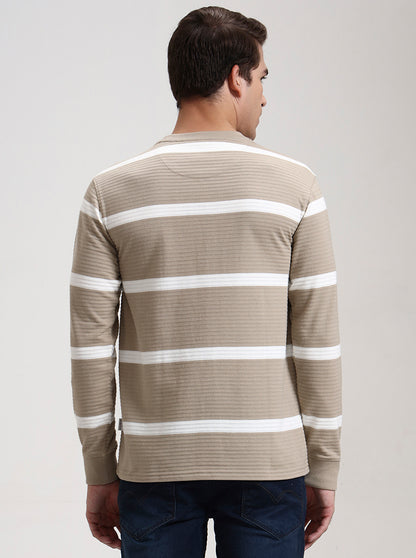 Beige & White Striped Slim Fit T-Shirt | JadeBlue