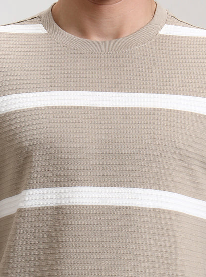 Beige & White Striped Slim Fit T-Shirt | JadeBlue
