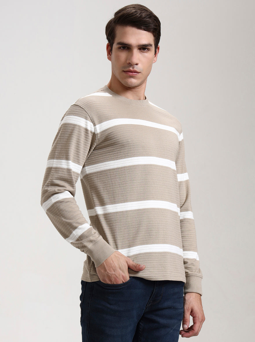 Beige & White Striped Slim Fit T-Shirt | JadeBlue
