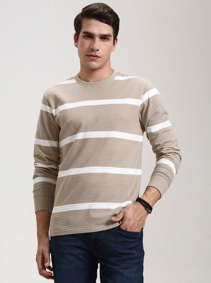 Beige & White Striped Slim Fit T-Shirt | JadeBlue