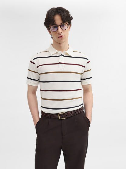White & Navy Blue Striped Slim Fit Polo T-Shirt | JadeBlue