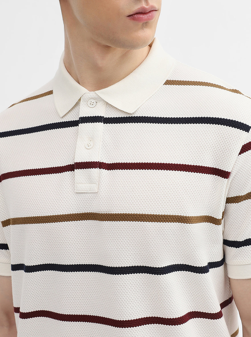 White & Navy Blue Striped Slim Fit Polo T-Shirt | JadeBlue