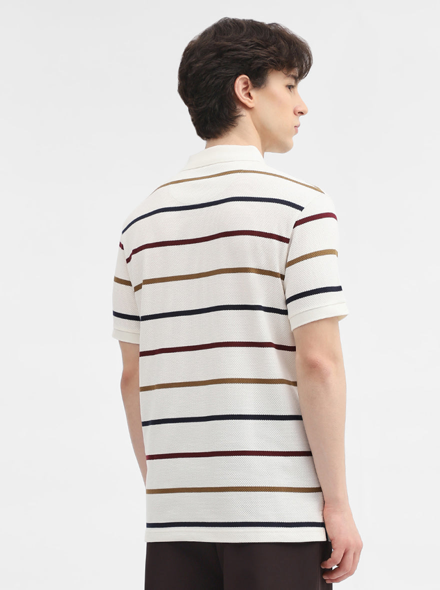 White & Navy Blue Striped Slim Fit Polo T-Shirt | JadeBlue