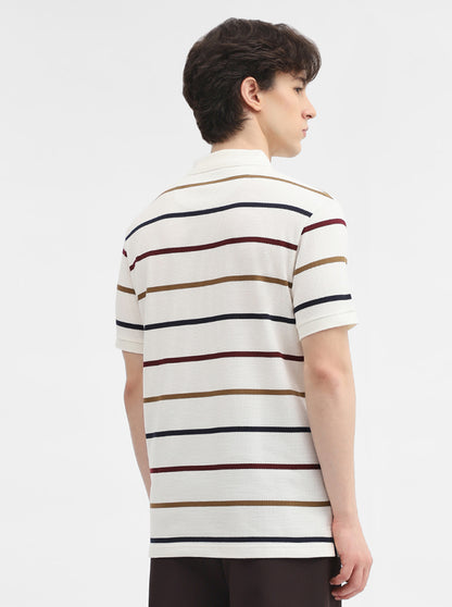 White & Navy Blue Striped Slim Fit Polo T-Shirt | JadeBlue