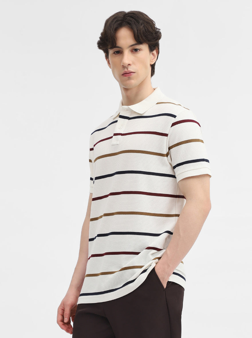 White & Navy Blue Striped Slim Fit Polo T-Shirt | JadeBlue