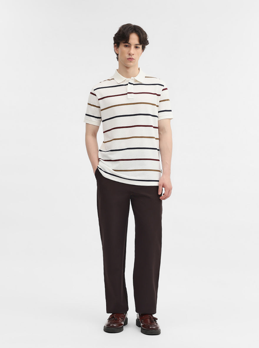 White & Navy Blue Striped Slim Fit Polo T-Shirt | JadeBlue